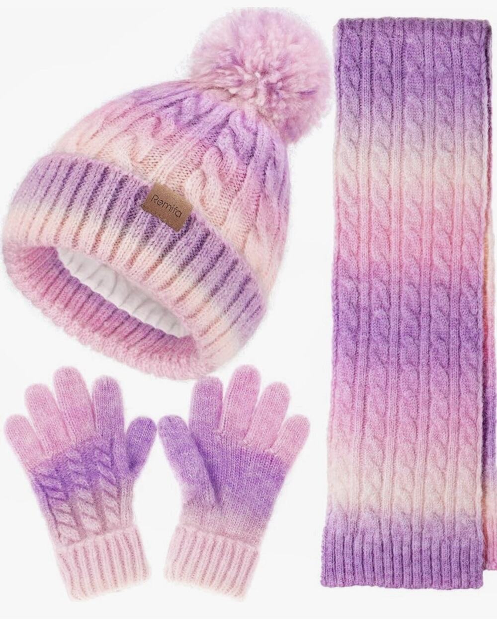 Remifa Kids Winter Hat Scarf Gloves Set Pimk Purple 9-15 Yrs